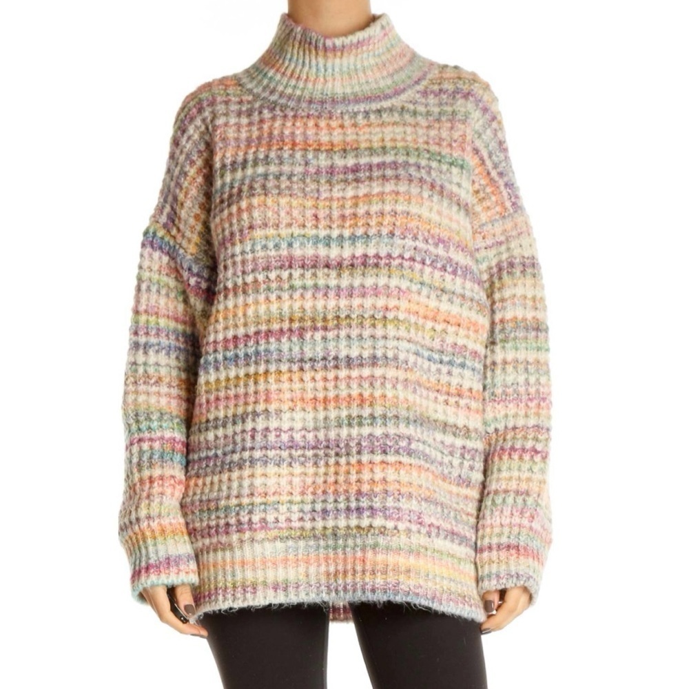 Topshop Space Dye Turtleneck Thick Knit Oversized Sweater US 8-10 Cream Pink